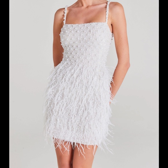 NADINE MERABI Dresses & Skirts - NADINE MERABI White Carrie Feather-Trim Mini Dress